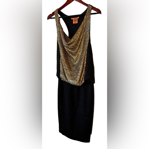 Tory Burch Gray Wool Knee Length Gold Sequin Sheath Cowl Neck Dress Size XS - Picture 6 of 13